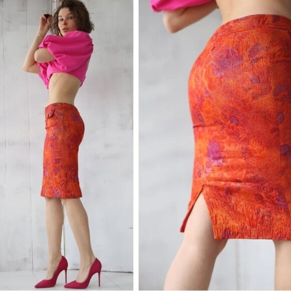 DOLCE GABBANA Vintage pink orange low waist pencil midi skirt - Picture 3 of 10